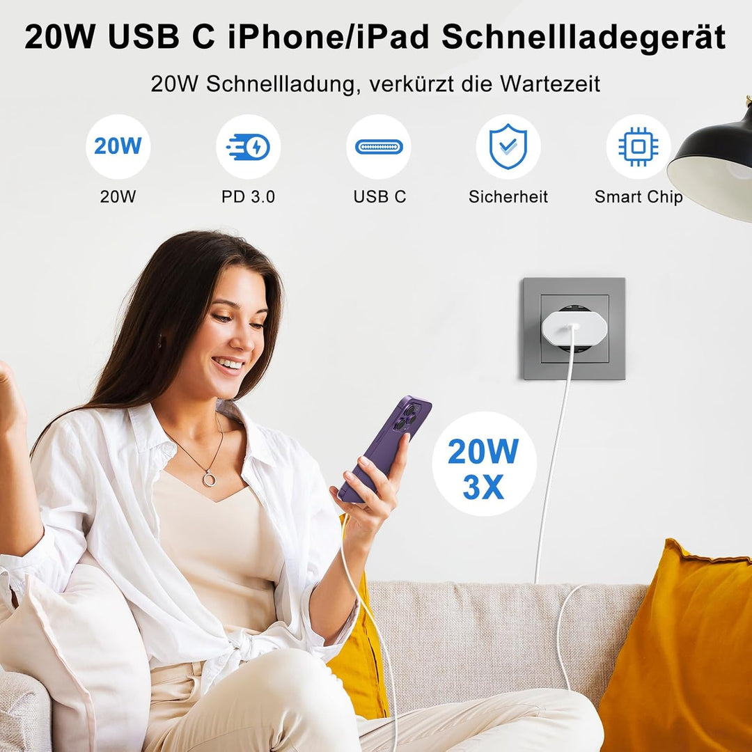 2 Pack 20W Schnellladegerät und Schnellladekabel für iPhone , Ladegerät mit iPhone Ladekabel 2M und