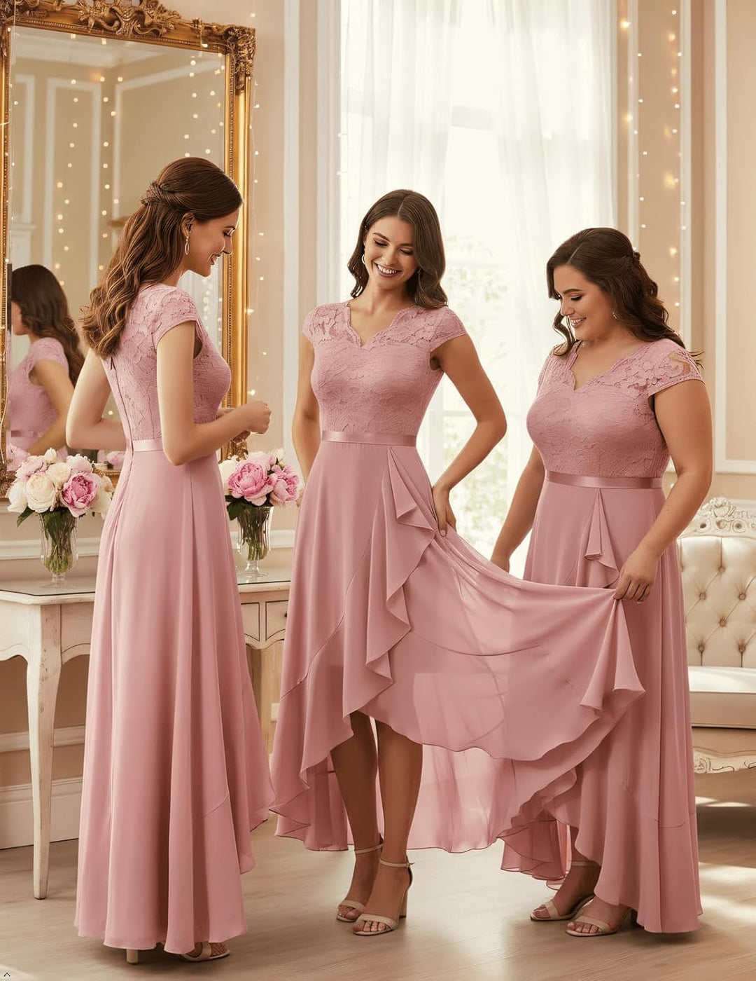 Bbonlinedress Abendkleider elegant für Hochzeit Spitzenkleid Chiffon Hi-Lo Kleid Brautjunferkleid Pa
