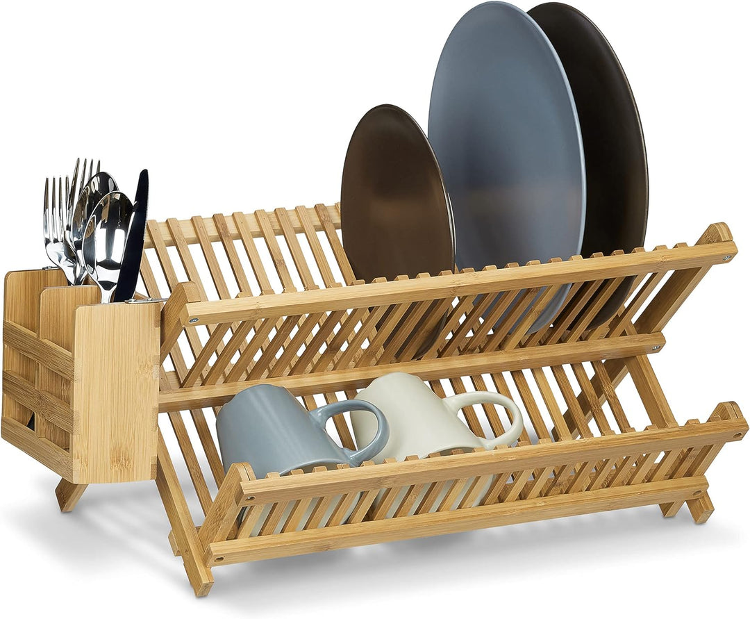 Relaxdays Abtropfgestell CROSS mit Besteckkorb HBT 24 x 46 x 28 cm Abtropfgitter Bambus klappbar für