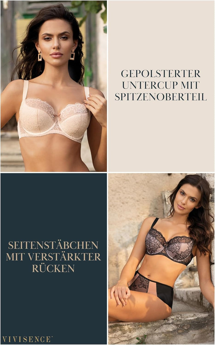 VIVISENCE Damen Bügel-BH Spitze Halbversteifte Schalen Träger 1045 70D Schwarz, 70D Schwarz