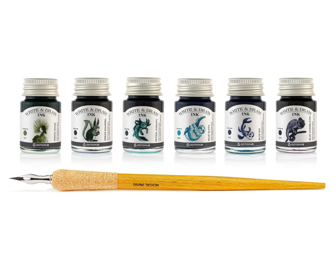 Write and Draw Ink Set RIVER, Schreib- und Zeichentusche, 6 x 10 ml mit Schreibfeder RIVER 60 ml, RI