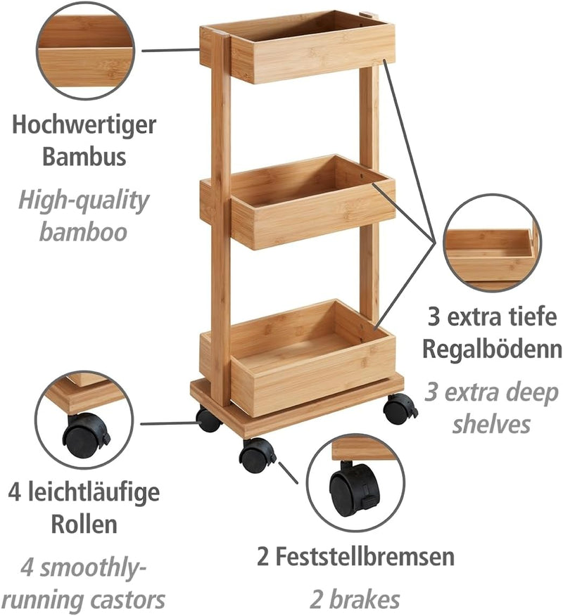 WENKO Regal Tortona, Rollregal mit 3 Ablagen, Badschrank aus Bambus, Badwagen, Rollwagen für das Bad