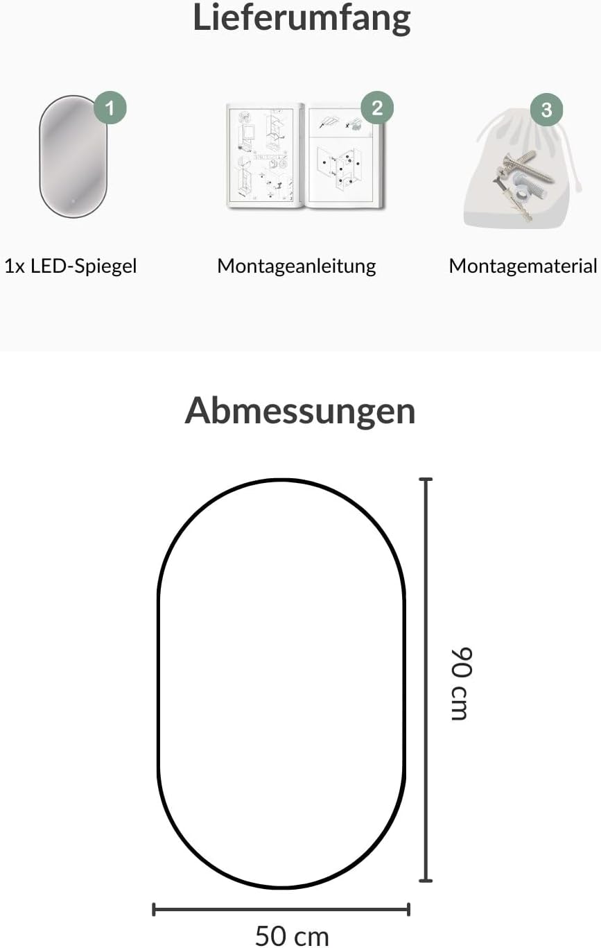 Planetmöbel GLORA Badspiegel mit Beleuchtung 50 x 90 cm, Spiegel mit Rahmen, 3 Lichtstufen (3000-600