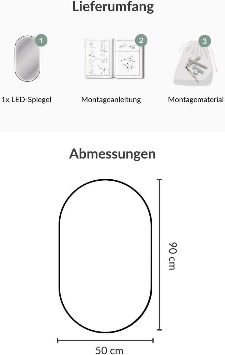Planetmöbel GLORA Badspiegel mit Beleuchtung 50 x 90 cm, Spiegel mit Rahmen, 3 Lichtstufen (3000-600