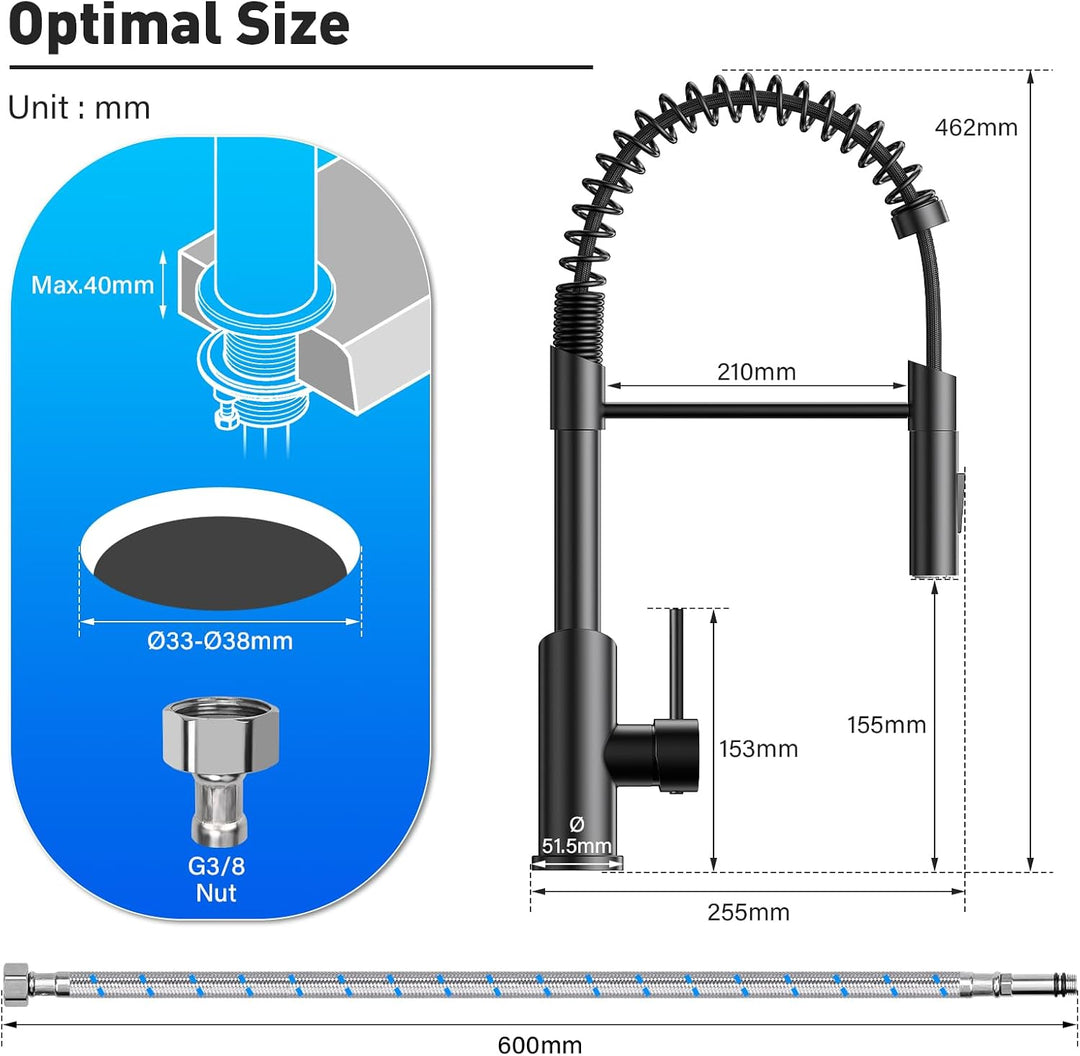 Wasserhahn Küche,Hoher Bogen Hochdruck Küchenarmatur mit Herunterziehen Brause, Spiralfeder Spültisc