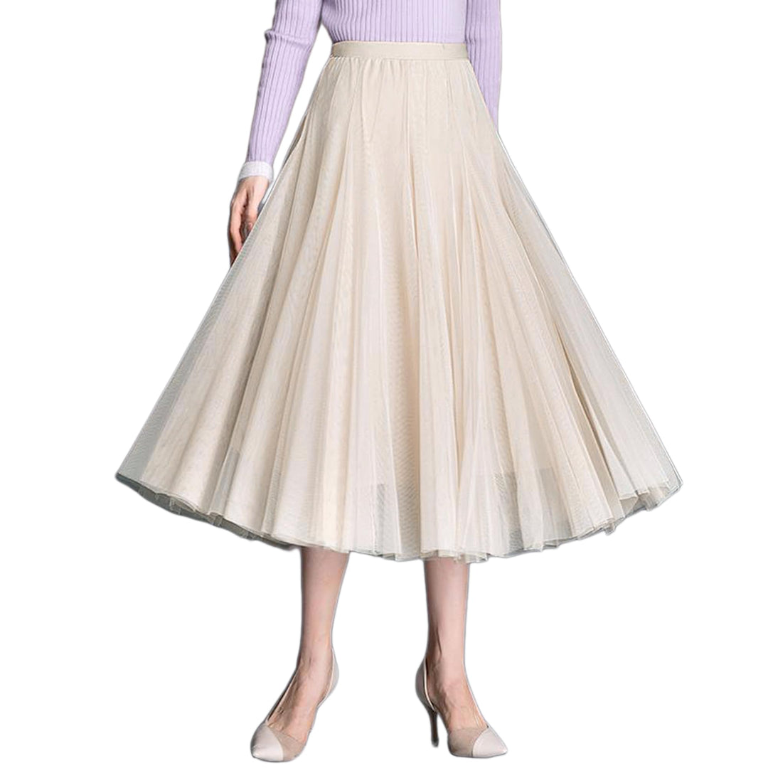 Damen Tüllrock Midi Faltenrock Hoher Bund Schick Rock Elastisch Taille Drapiert Stoff 36-40 Beige, 3