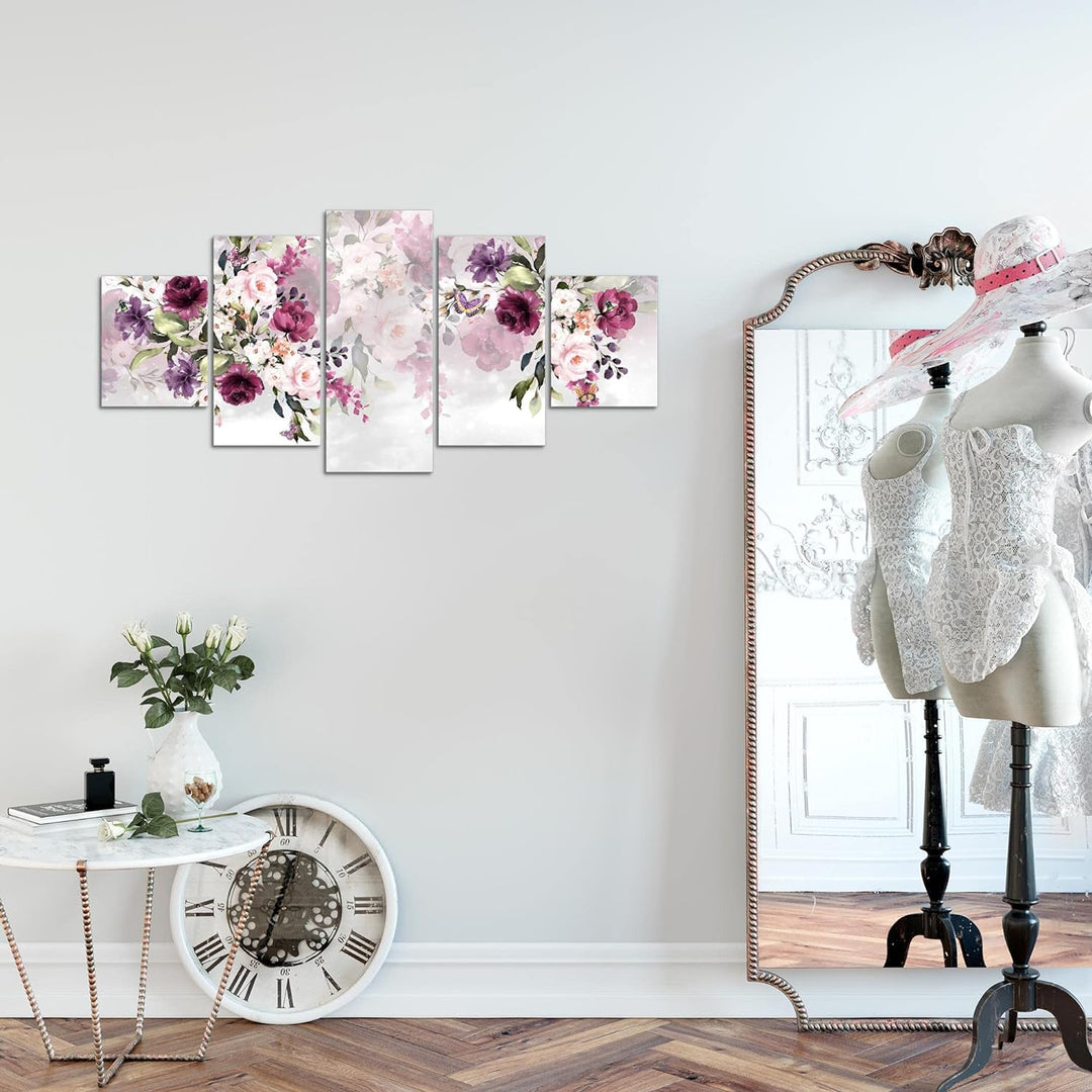 Runa Art Wandbilder Blumen 5 Teilig Bild auf Vlies Leinwand Deko Wohnzimmer Blumenmotiv Rosa Lila 02