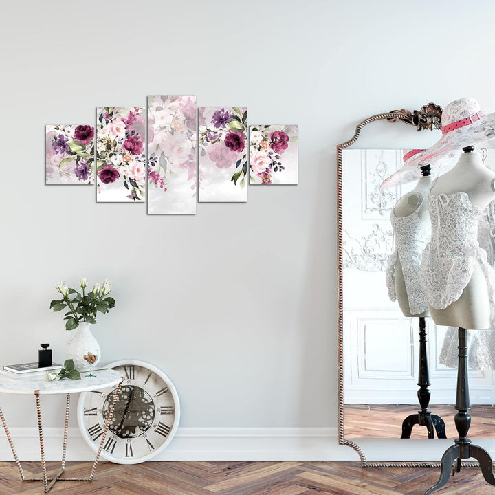 Runa Art Wandbilder Blumen 5 Teilig Bild auf Vlies Leinwand Deko Wohnzimmer Blumenmotiv Rosa Lila 02
