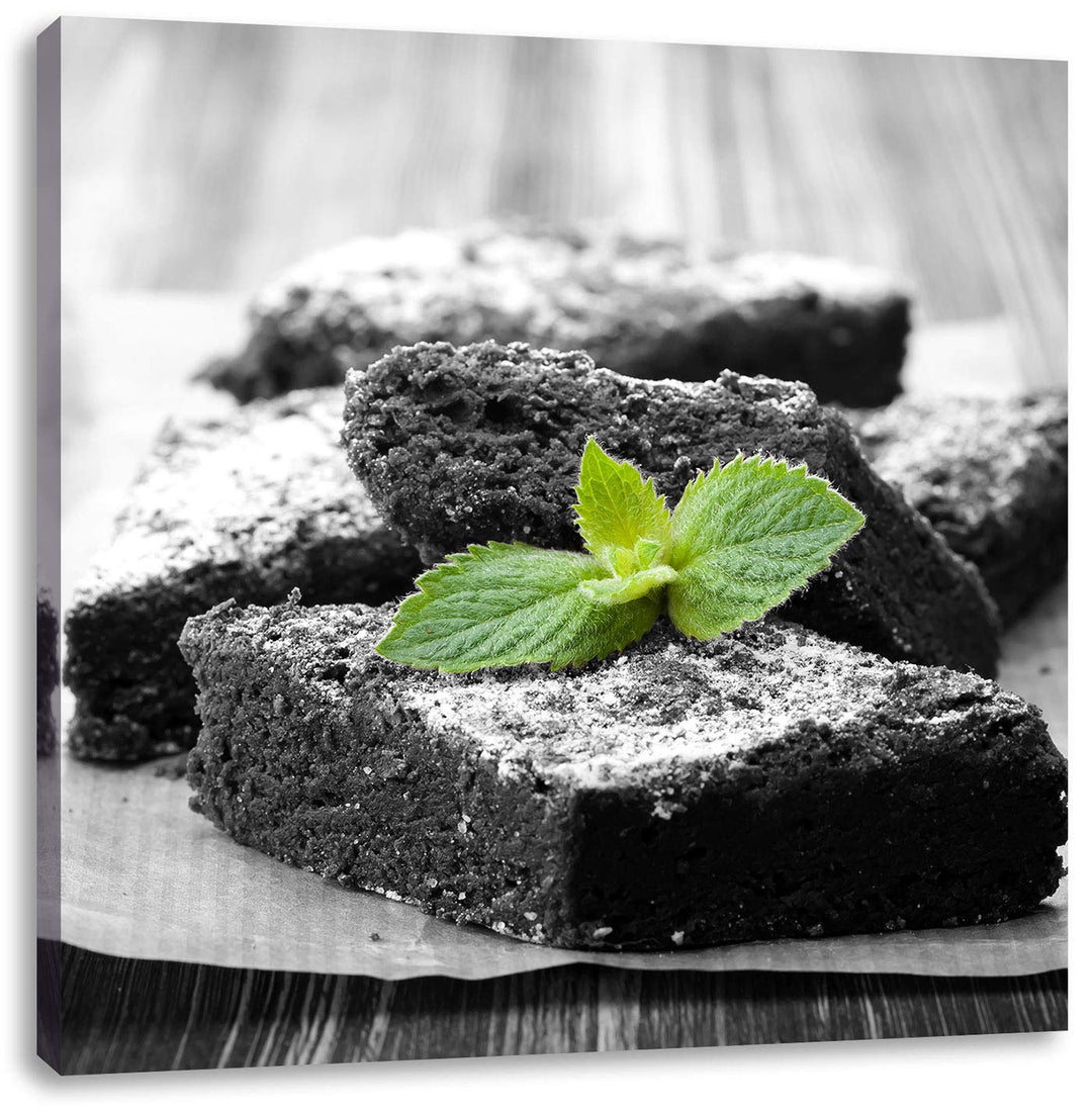 Pixxprint köstlicher Brownie mit Minze als Leinwandbild Quadratisch| Grösse: 70x70 | Wandbild| Kunst