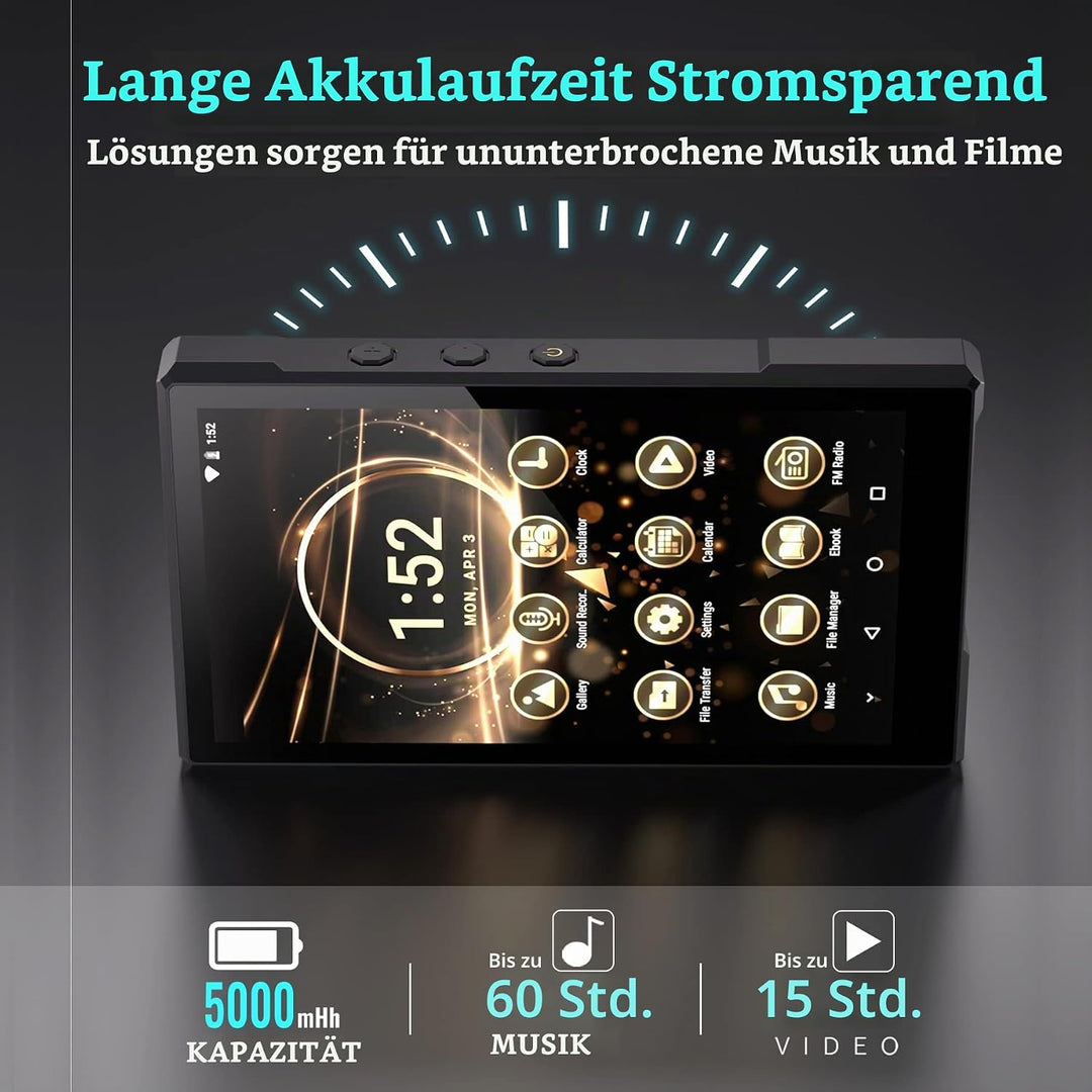 3+96GB MP3-Player mit Bluetooth, Unterstützt APK heruntergeladen, 5000mAh Batterie Vorinstalliert Sp