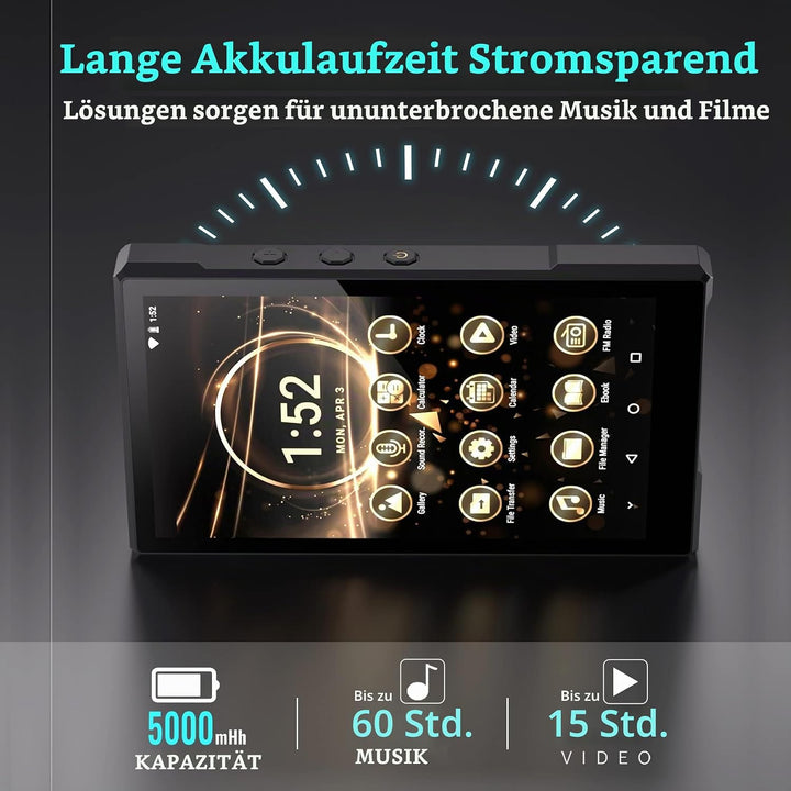 3+96GB MP3-Player mit Bluetooth, Unterstützt APK heruntergeladen, 5000mAh Batterie Vorinstalliert Sp
