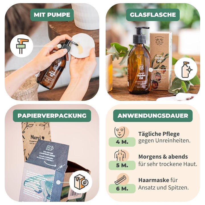 Bionoble Jojobaöl Bio 200ml - 100% Rein, Natürlich und Kaltgepresst - Gesicht, Körper, Haare, Bart,