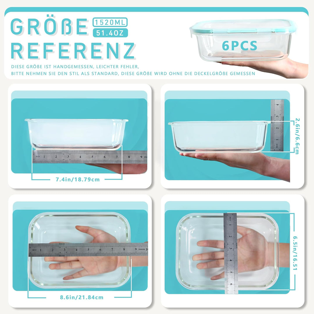 ERUIV Glasbehälter Mit Deckel (6 Stück),1520ML Lebensmittelkonservierung Meal Prep Boxen Glas, Kann