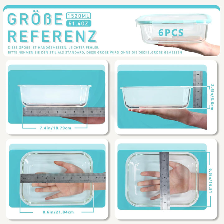 ERUIV Glasbehälter Mit Deckel (6 Stück),1520ML Lebensmittelkonservierung Meal Prep Boxen Glas, Kann