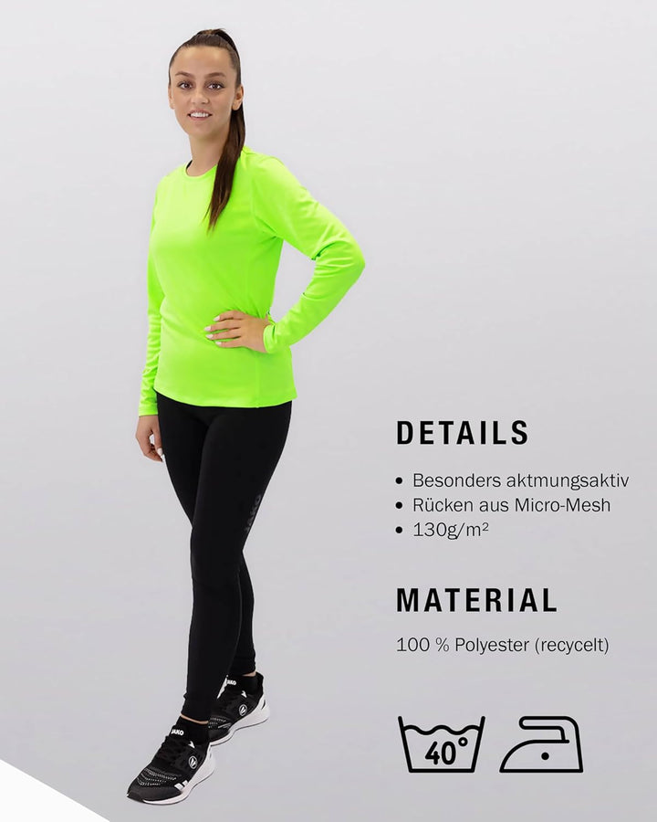 JAKO Damen Longsleeve Run 2.0 Unterhemd 40 Neongrün, 40 Neongrün
