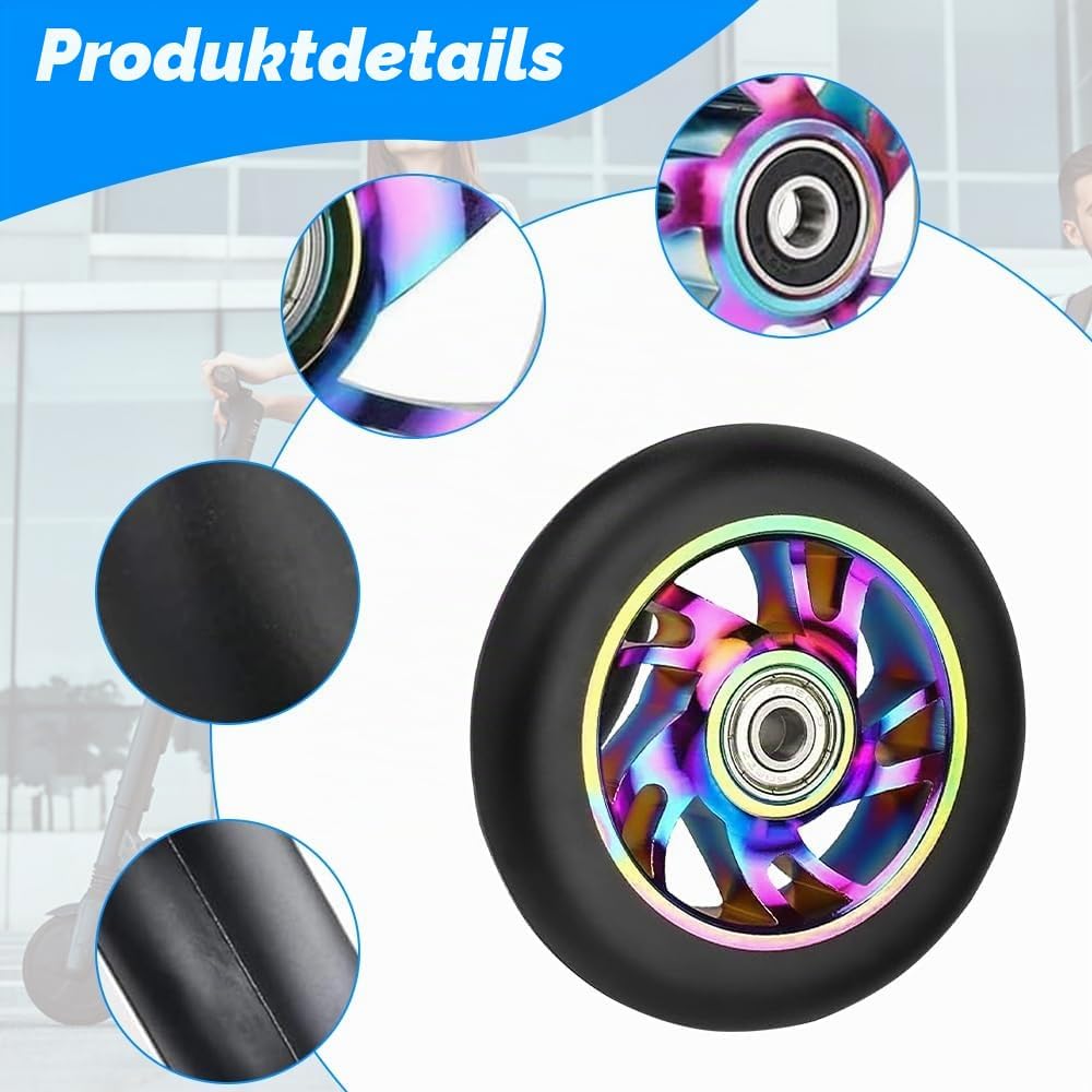 2 Stück Stunt Scooter Rollen 100mm, Ersatzräder für Stunt Scooter Reifen88A, Aluminium Roller Reifen