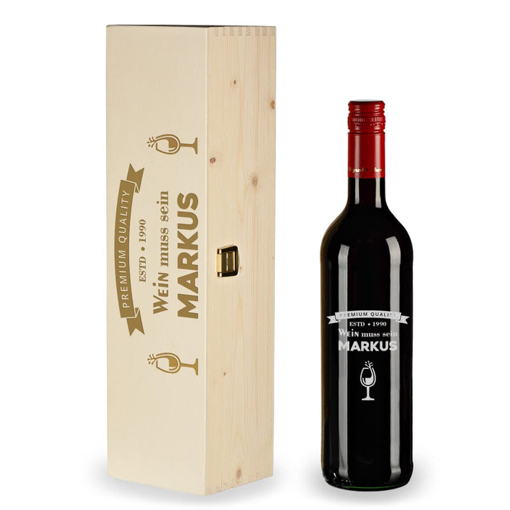 polar-effekt 2-TLG Wein Geschenkidee - mit Wunschname graviert - 700 ml Weinflasche und Kiste aus Na