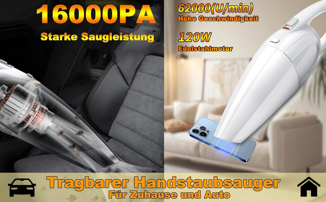 16000Pa Akku Handstaubsauger Beutellos Testsieger, Nass/Trocken, 120W Autostaubsauger Kabellos für A