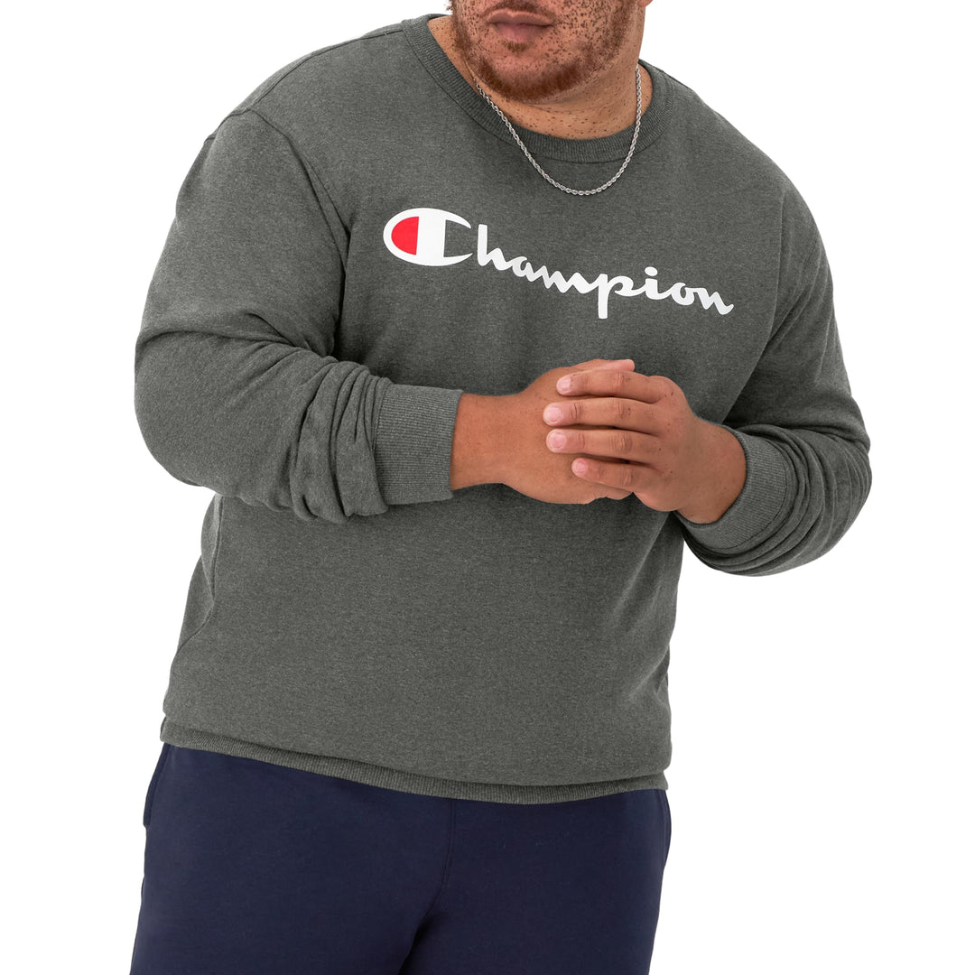 Champion Herren Powerblend Fleece Crew, Script Logo Sweatshirt 3XL Lang Graniteheather, 3XL Lang Gra