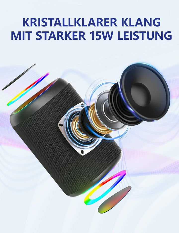 Bluetooth Lautsprecher Kleine Musikbox Bluetooth 5.3 15W mit TWS Modus RGB Lichtern 30 Meter Reichwe