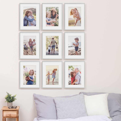 PHOTOLINI Bilderrahmen 30x40 cm Silber MDF-Holz, 9er Set Posterrahmen mit Passepartout, bruchsichere