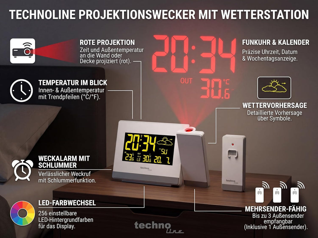 Technoline Funkprojektionswecker WT549 mit LED Farbeinstellung Weiss 14.7 x 4.2 x 9.2 cm