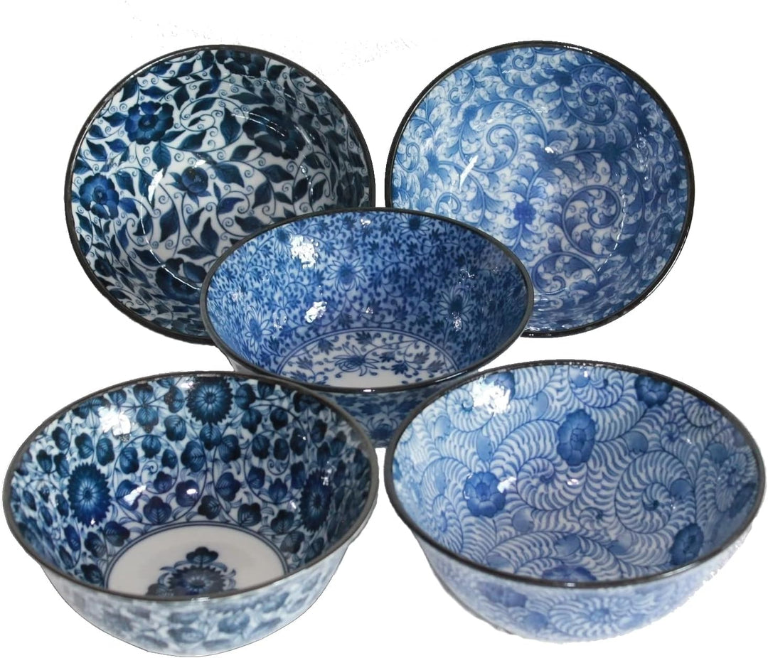 Matcha - Reisschalen 5-er Set Japan Porzellan blau weiss Blumen, Nr. 070