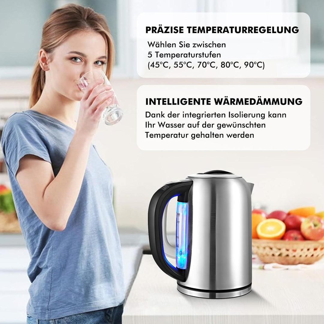 Wasserkocher mit Temperatureinstellung (45°C-90°C) Wasser Kocher Edelstahl 1,7 Liter Teekocher 100%