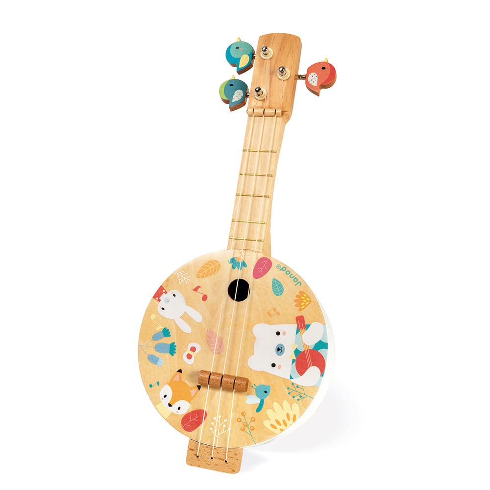 Janod - Pure Banjo - Holz Musikinstrument für Kinder mit Hübschen Illustrationen - Stimmschlüssel in