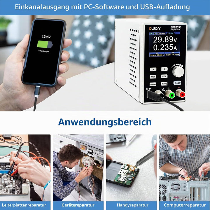 OWON SPE6053 Programmierbares Labornetzteil (0-60 V 0-5 A), 300-W-DC-Netzteil mit 2,8-Zoll-LCD-Displ