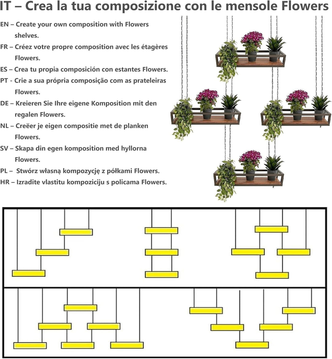 YELLOO - Pflanzenregal Indoor Outdoor, Balkon Deko, Blumenständer Metall Hängendes Regal mit Ketten