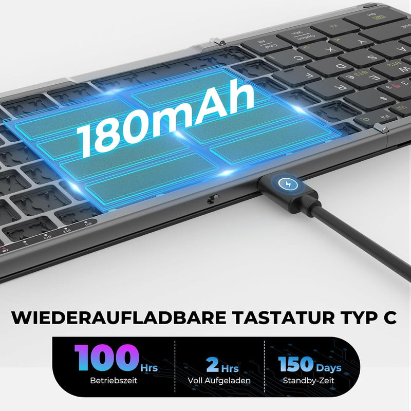 seenda Faltbare Bluetooth Tastatur mit Touchpad, Wiederaufladbare Kabellose Klappbare Tastatur mit T