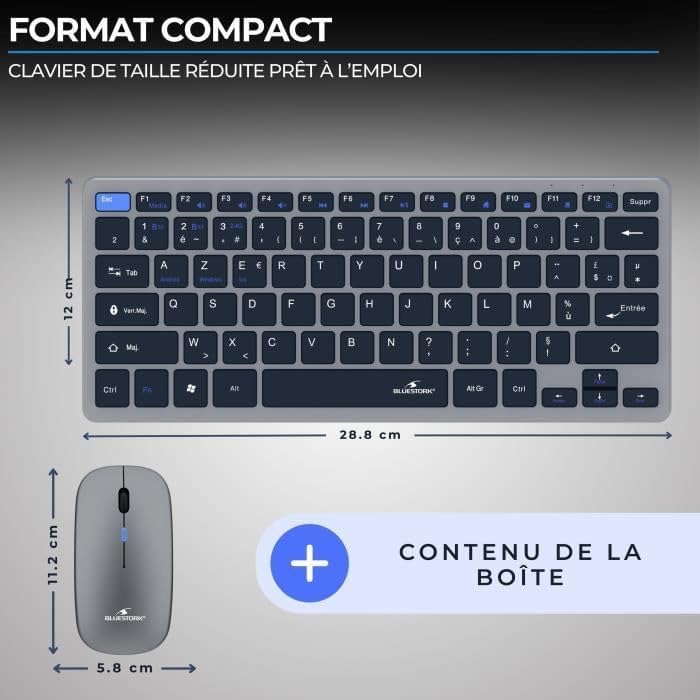 Bluestork - Set Mini V2 kabellose Tastatur Maus wiederaufladbar – kabellose AZERTY-Tastatur, kompakt