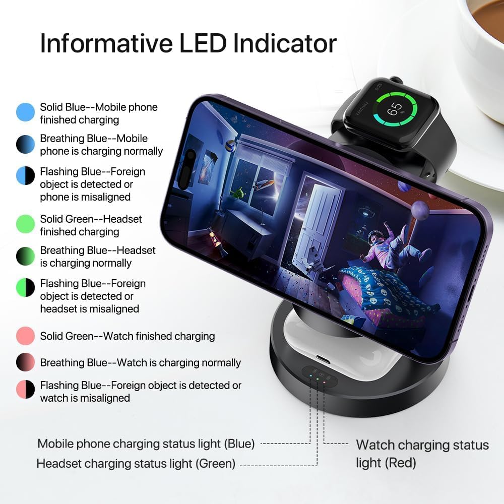 Ladestation Apple Watch und iPhone, 3 in 1 Induktive Ladestation mit Magsafe Ladegerät Wireless Char