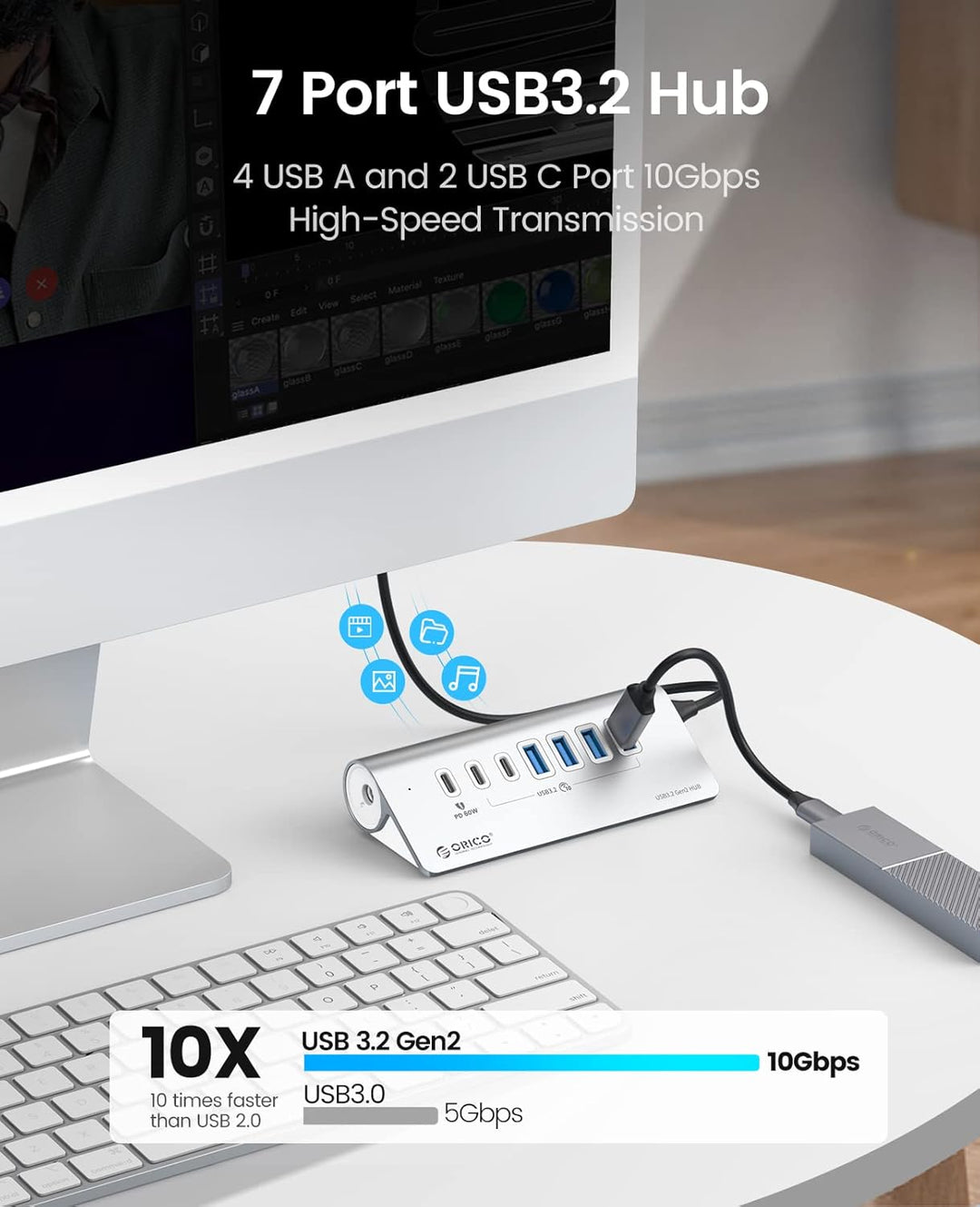 USB-Hub, ORICO USB-C-Hub, 3.2 Gen 2, Stromversorgung mit 7 Ports, 10 Gbit/s mit 4 USB C, 2 USB A, PD