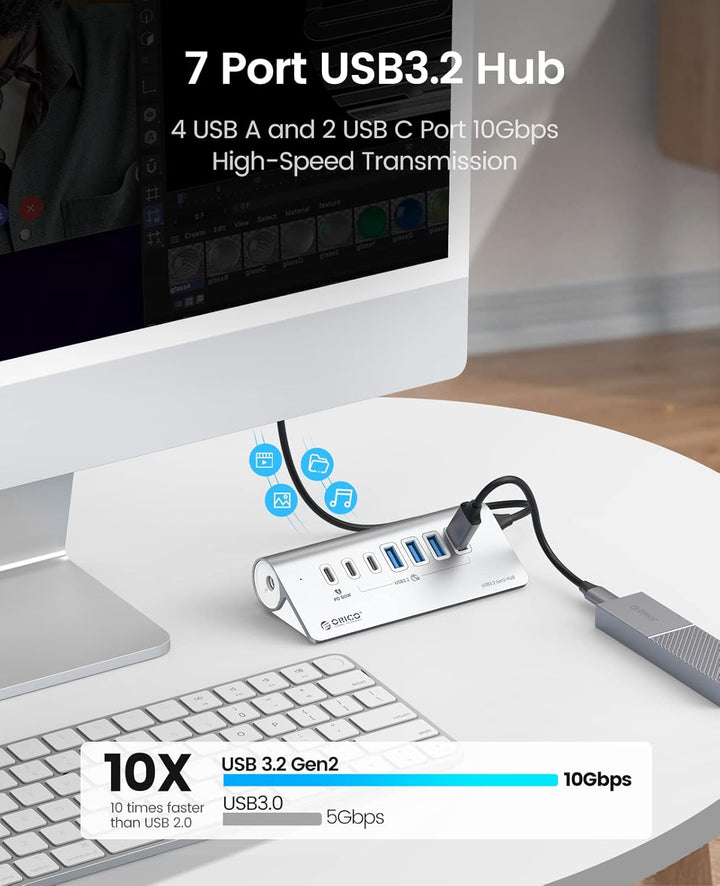 USB-Hub, ORICO USB-C-Hub, 3.2 Gen 2, Stromversorgung mit 7 Ports, 10 Gbit/s mit 4 USB C, 2 USB A, PD