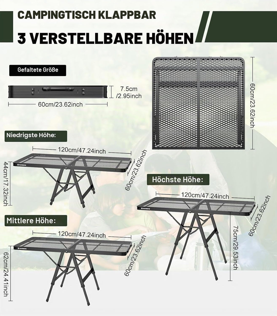 Raynesys Klappbarer Grilltisch mit Mesh-Tischplatte, Höhenverstellbarer Faltbarer Campingtisch aus M