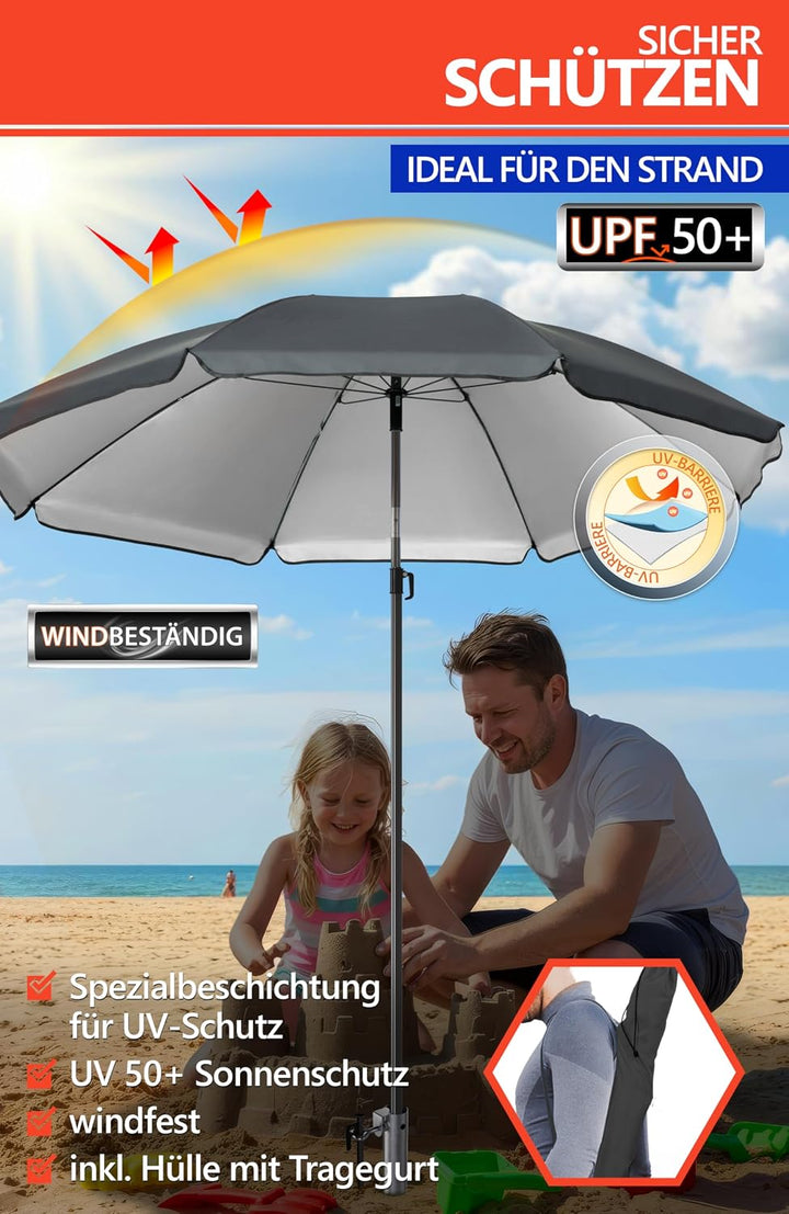 4smile Sonnenschirm Strand Set 3-in-1, Ø 180 cm Strandschirm Windfest Stabil mit Schirmhülle &amp; Eindr