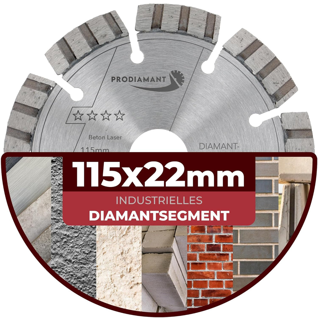 PRODIAMANT Laser Diamanttrennscheibe 115mm Beton Stahlbeton Stein und Ziegel Diamant Turbo-Segmente