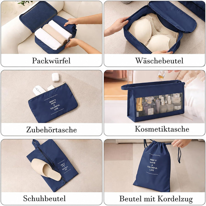 Packing Cubes 8er Set Koffer Organizer Packwürfel Set wasserdicht Marineblau, Marineblau