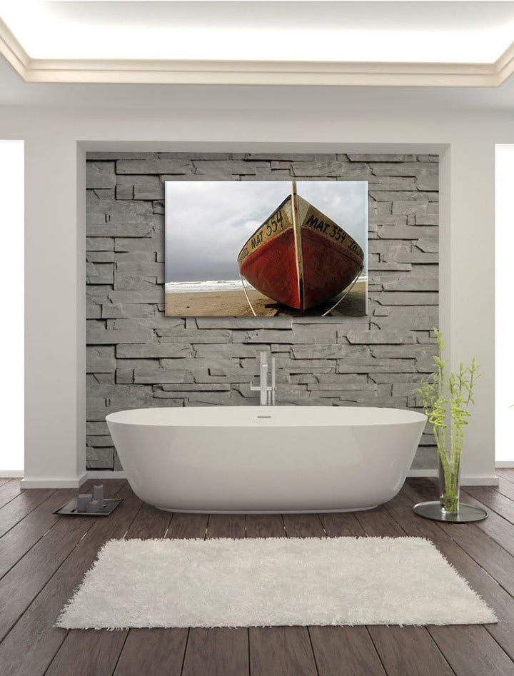 Pixxprint kleines Segelboot am Strand auf Leinwand, XXL riesige Bilder fertig gerahmt mit Keilrahmen