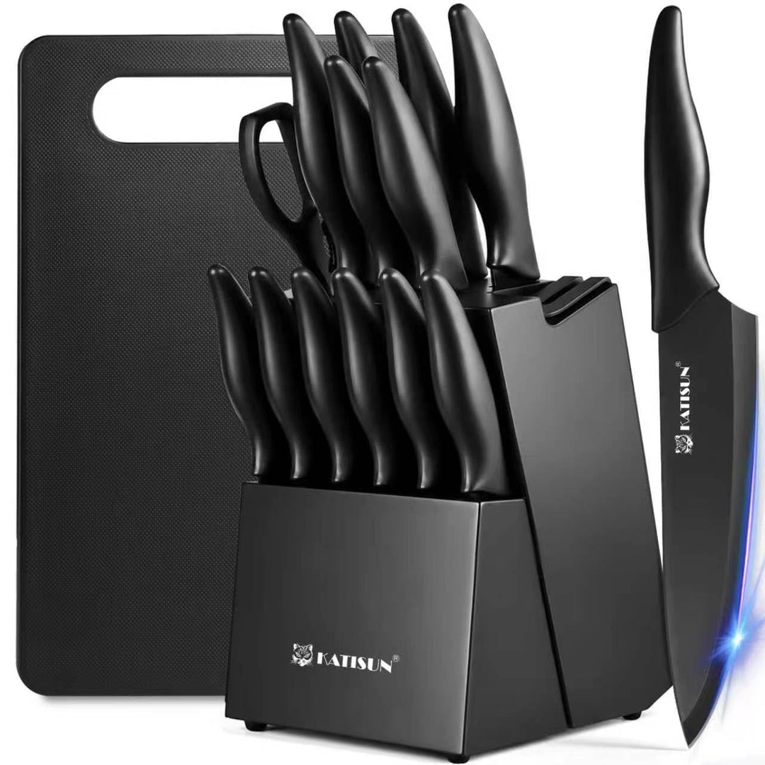 16-tlg. Messerblock mit Messer – selbstschärfend, schwarz | Kompletter Messerblock mit Messer – 16-t