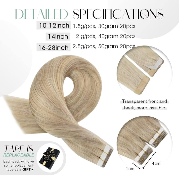 Moresoo Tape Extensions Echthaar Blond 40 cm Skin Weft Haarverlängerung Echthaar Tape in Extensions