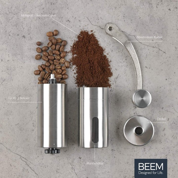 BEEM GRIND-2-GO Manuelle Kaffeemühle – 40 g | Kegelmahlwerk | Mahlgrad-Einstellung stufenlos | Baumw
