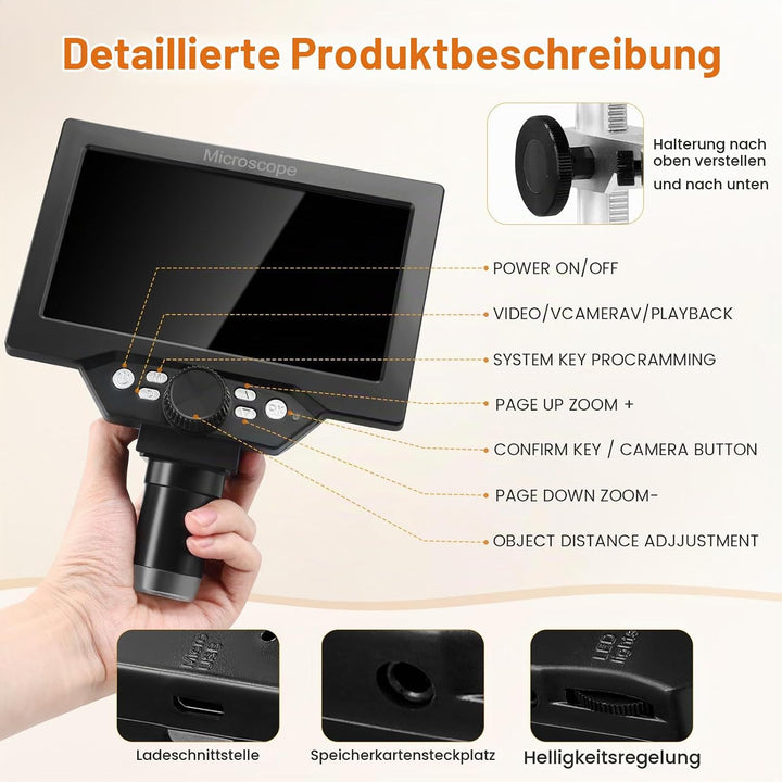 Aofesel Digitales Mikroskop 7-Zoll, G1200 LCD 3000mAh USB Digital Mikroskop, 1080P FHD-Videoaufzeich