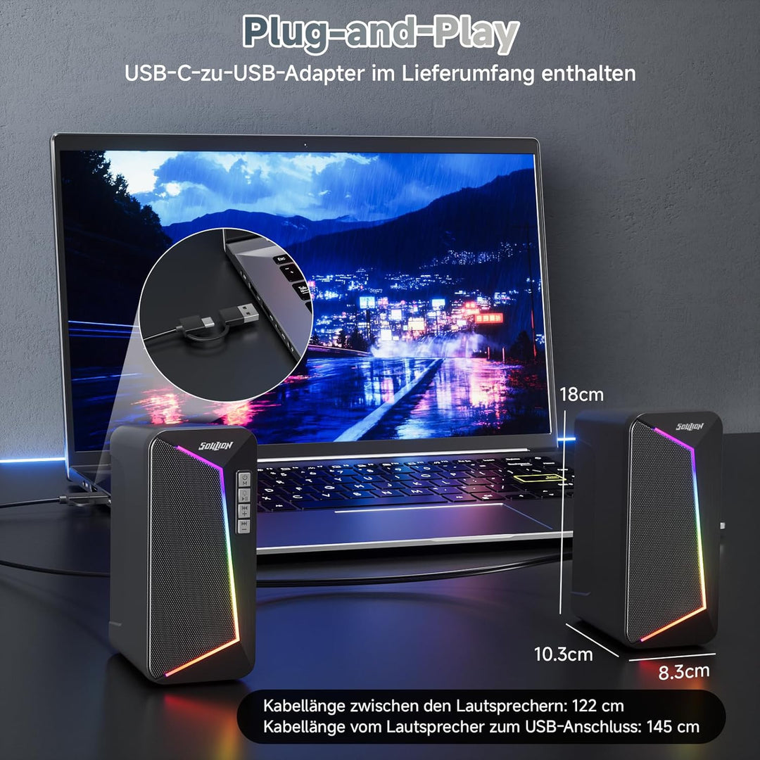 SOULION R40 PC Lautsprecher, USB-C/USB-betriebene Computer Stereo mit Lautstärkeregler, LED-Beleucht