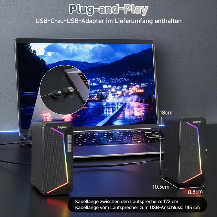 SOULION R40 PC Lautsprecher, USB-C/USB-betriebene Computer Stereo mit Lautstärkeregler, LED-Beleucht