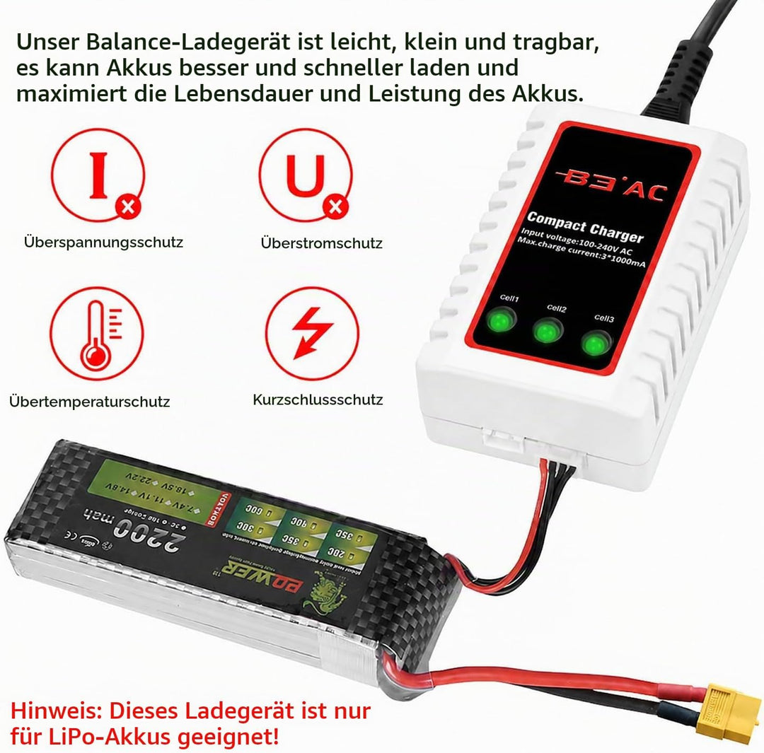 Haisito B3 Lipo Ladegerät für 2S 3S Akku (7.4V, 11.1V), Kompaktes Airsoft-Schnellladegerät (100-240V