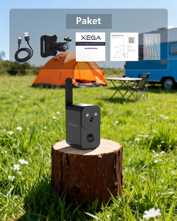 Xega 4G LTE Überwachungskamera mit SIM Karte 10000mAh Akku – Drahtlose Aussen Innen Tragbare Kamera