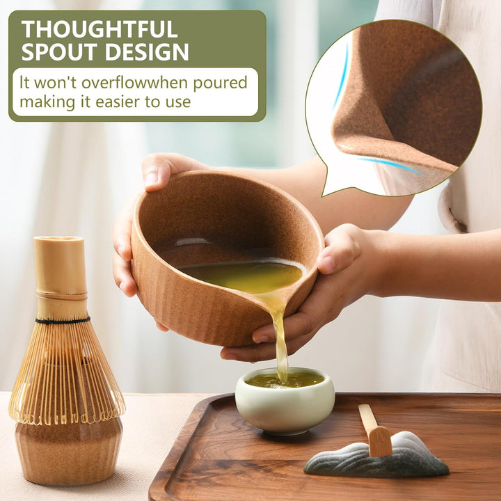 Matcha Set Premium 7-teilig Keramik: Matcha Schale, Bambus Besen (Chasen),Teebesenbasis，Teelöffel, S